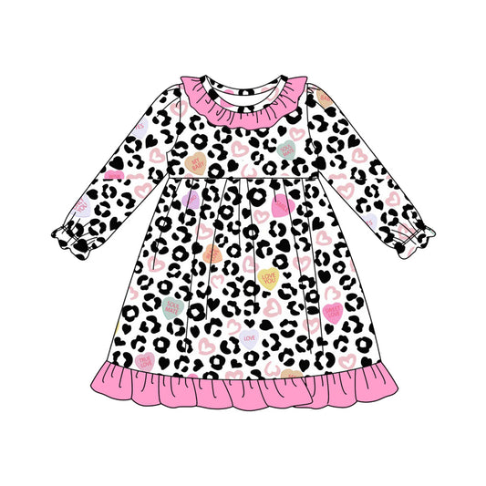 MOQ 8 Preorder GLD1290 Valentine's Day Leopard Love Pink Ruffle Long Sleeve Dresses for Girls  202509