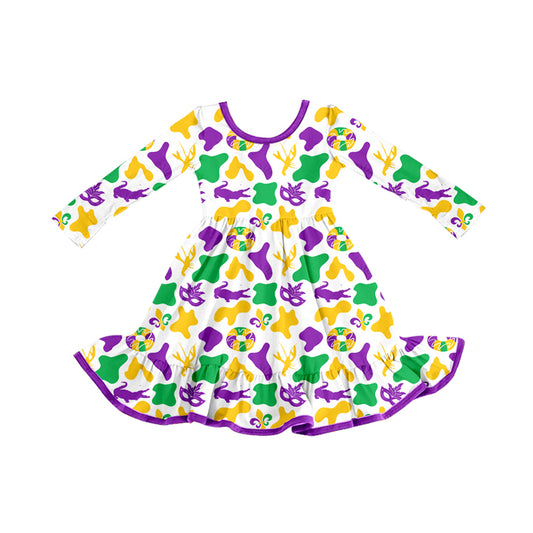 MOQ 8 Preorder GLD1291 Mardi Grass Long Sleeve Dresses for Girls  202509