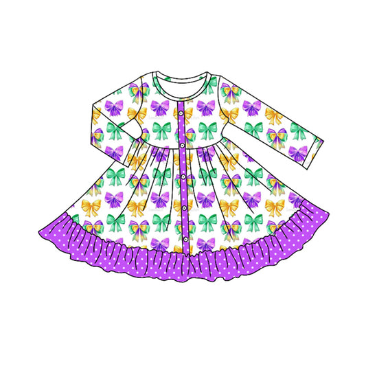 MOQ 8 Preorder GLD1292 Purple Dots Ruffle Bows Pattern Long Sleeve Dresses for Girls  202509