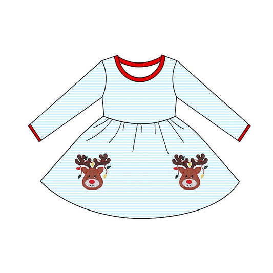 MOQ 8 Preorder GLD1293 Deer Christmas Stripe Long Sleeve Dresses for Girls  202509 Sibling