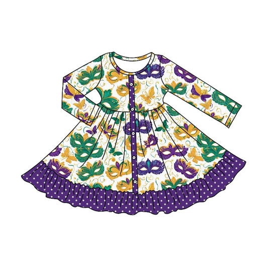 MOQ 8 Preorder GLD1294 Mardi Gras Mask Glasses Purple Dots Ruffle Long Sleeve Dresses for Girls  202509 Sibling