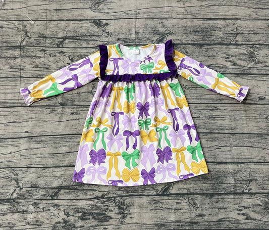 NO MOQ Preorder GLD1295-XS-3XL Mardi Gras Bows Purple Ruffle Long Sleeve Dresses for Girls  202509 Sibling