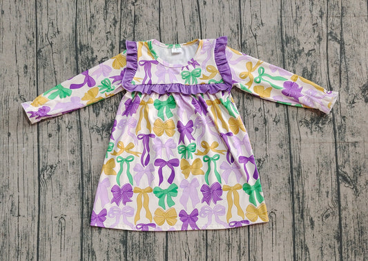 GLD1295-XS-3XL Mardi Gras Bows Purple Ruffle Long Sleeve Dresses for Girls  202509 RTS Sibling