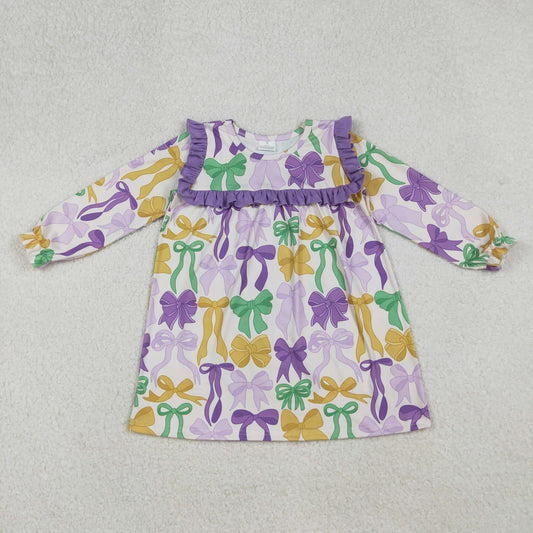 GLD1295-XS-3XL Mardi Gras Bows Purple Ruffle Long Sleeve Dresses for Girls  202509 RTS Sibling