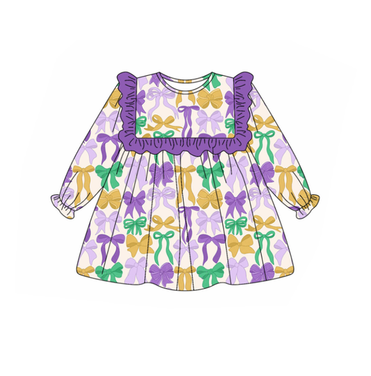 MOQ 8 Preorder GLD1295 Mardi Gras Bows Purple Ruffle Long Sleeve Dresses for Girls  202509 Sibling