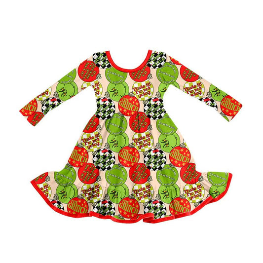 MOQ 8 Preorder GLD1296 Cartoon Grinch Ruffle Long Sleeve Dresses for Girls  202509 Sibling