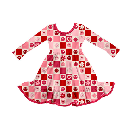 MOQ 5 Preorder GLD1297 Valentine's Day Love Flower Smile Face Ruffle Long Sleeve Dresses for Girls  202509 Sibling