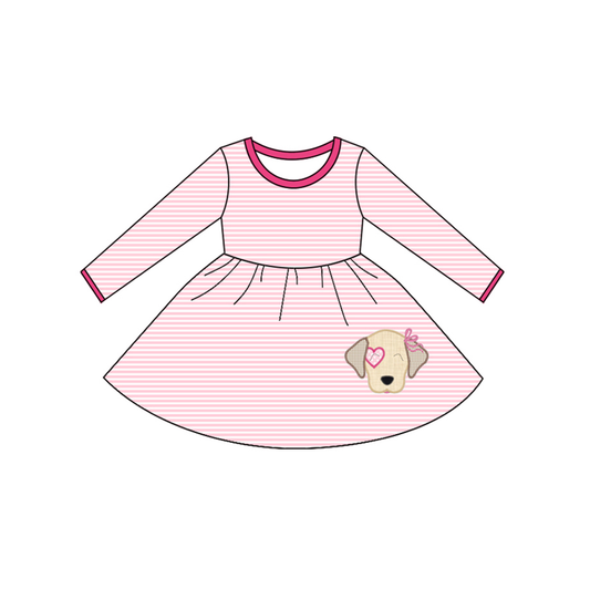 MOQ 8 Preorder GLD1298 Valentine's Day Cute Puppy Stripe Long Sleeve Dresses for Girls  202509 Sibling
