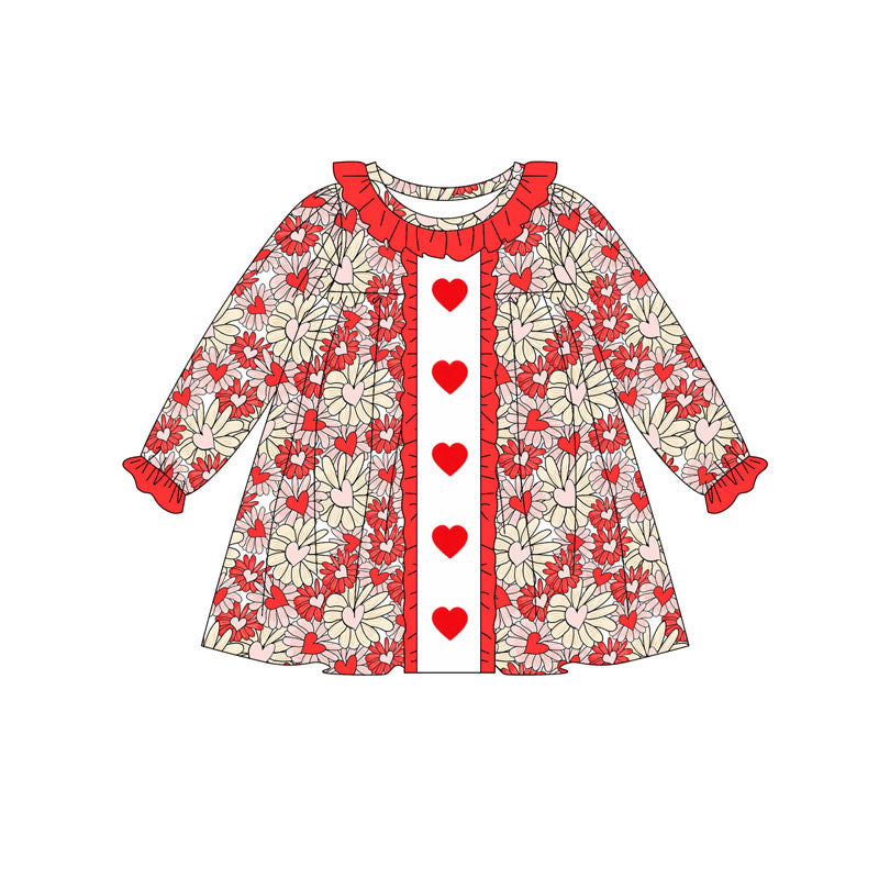 MOQ 8 Preorder GLD1306  Valentine's Day Love Floral Red Ruffle Long Sleeve Dresses for Girls  202509