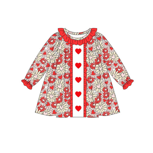 MOQ 8 Preorder GLD1306  Valentine's Day Love Floral Red Ruffle Long Sleeve Dresses for Girls  202509