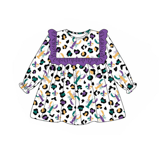MOQ 8 Preorder GLD1307 Mardi Gras Purple Ruffle Long Sleeve Dresses for Girls  202509