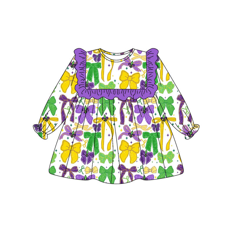 MOQ 8 Preorder GLD1308 Mardi Gras Bows Purple Ruffle Long Sleeve Dresses for Girls  202509