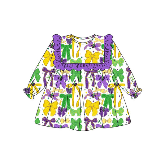 MOQ 8 Preorder GLD1308 Mardi Gras Bows Purple Ruffle Long Sleeve Dresses for Girls  202509