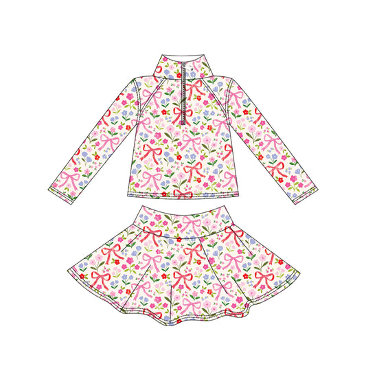 MOQ 8 preorder GLD1309 Flower Bows Pink Zipper Collar Long Sleeve Skirts Girls Yoga Sets 202509