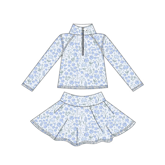 MOQ 8 preorder GLD1310 Flower Blue Zipper Collar Long Sleeve Skirts Girls Yoga Sets 202509