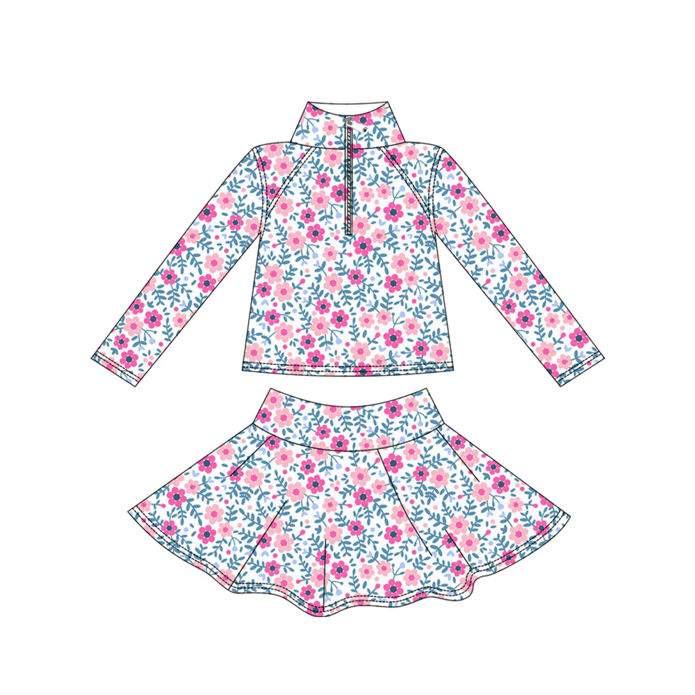 MOQ 8 preorder GLD1311 Pink Flower Zipper Collar Long Sleeve Skirts Girls Yoga Sets 202509