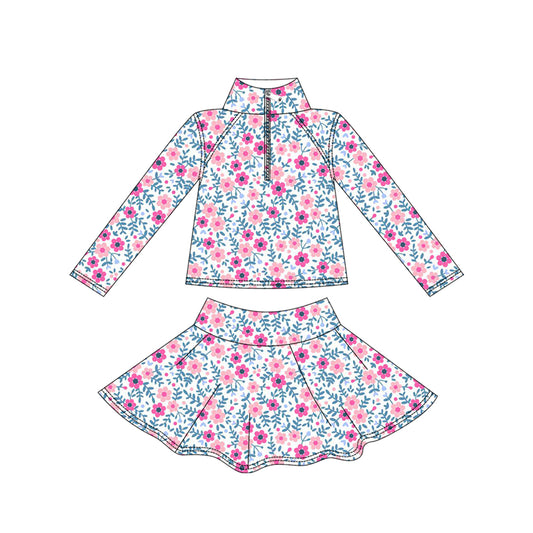MOQ 8 preorder GLD1311 Pink Flower Zipper Collar Long Sleeve Skirts Girls Yoga Sets 202509