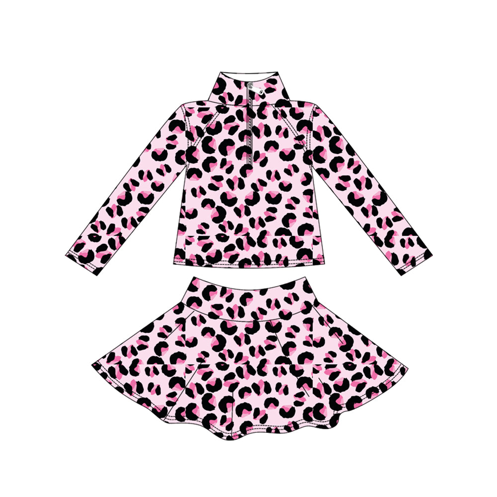 MOQ 8 preorder GLD1313 Leopard Pink Zipper Collar Long Sleeve Skirts Girls Yoga Sets 202509