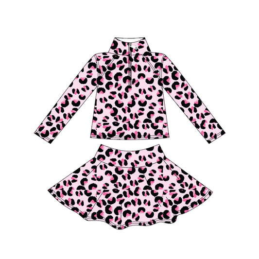 MOQ 8 preorder GLD1313 Leopard Pink Zipper Collar Long Sleeve Skirts Girls Yoga Sets 202509