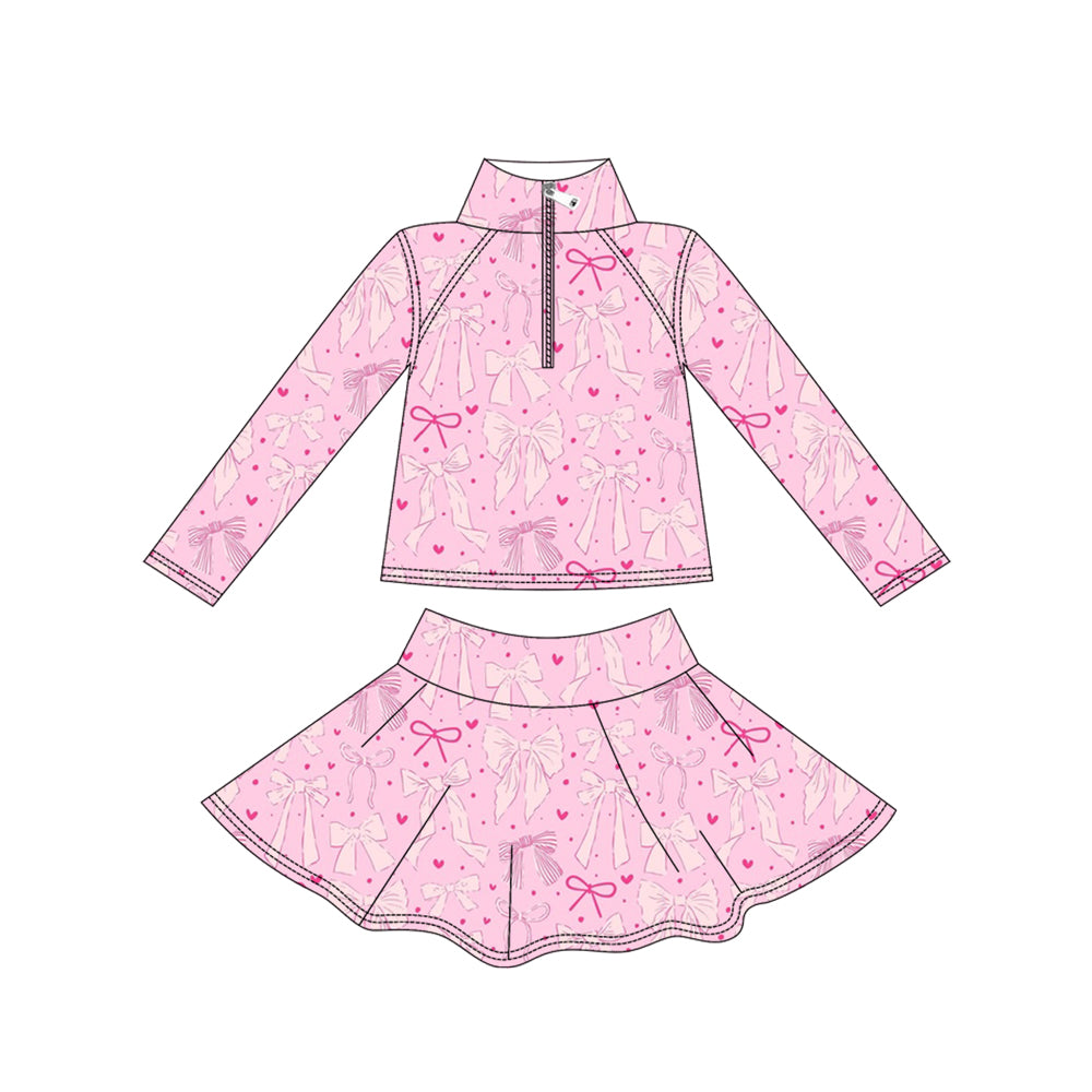 MOQ 8 preorder GLD1314 Valentine's Day Bows Love Pink Zipper Collar Long Sleeve Skirts Girls Yoga Sets 202509