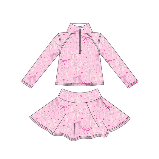 MOQ 8 preorder GLD1314 Valentine's Day Bows Love Pink Zipper Collar Long Sleeve Skirts Girls Yoga Sets 202509