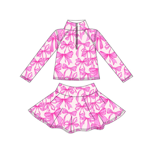 MOQ 8 preorder GLD1315 Rose Red Bows Zipper Collar Long Sleeve Skirts Girls Yoga Sets 202509