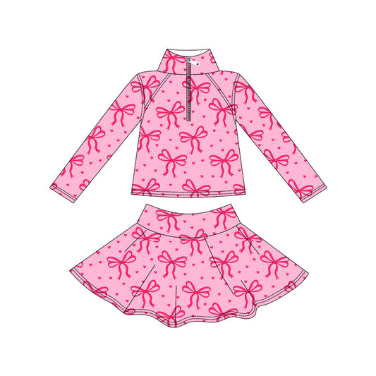 MOQ 8 preorder GLD1316 Valentine's Day Bows Love Zipper Collar Long Sleeve Skirts Girls Yoga Sets 202509