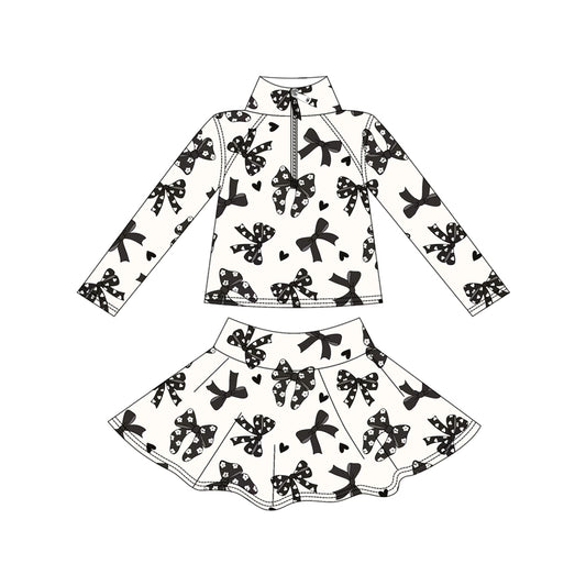 MOQ 8 preorder GLD1317 Valentine's Day Black Bows Love Zipper Collar Long Sleeve Skirts Girls Yoga Sets 202509