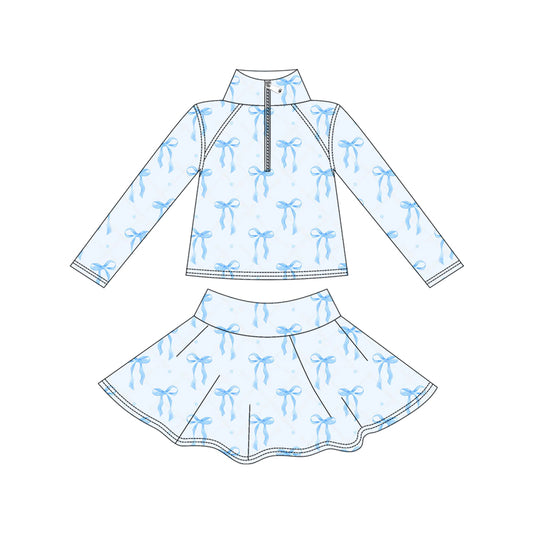 MOQ 8 preorder GLD1318 Valentine's Day Bows Love Blue Zipper Collar Long Sleeve Skirts Girls Yoga Sets 202509