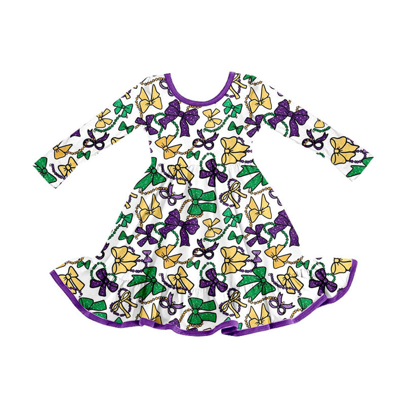 MOQ 8 Preorder GLD1320 Mardi Gras Bows Purple Long Sleeve Dresses for Girls  202509