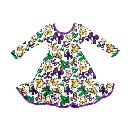 MOQ 8 Preorder GLD1320 Mardi Gras Bows Purple Long Sleeve Dresses for Girls  202509