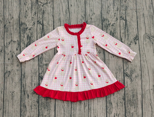 NO MOQ Preorder GLD1322-XS-3XL Valentine's Day Puppy Love Red Ruffle Long Sleeve Dresses for Girls  202510