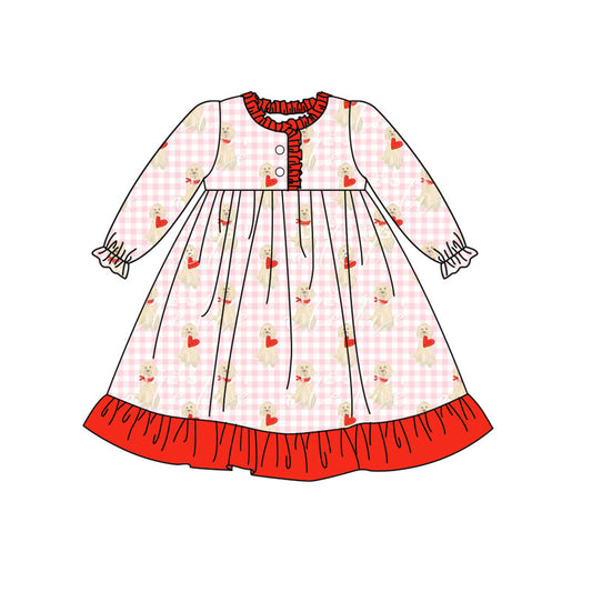 MOQ 8 Preorder GLD1322 Valentine's Day Puppy Love Red Ruffle Long Sleeve Dresses for Girls  202509