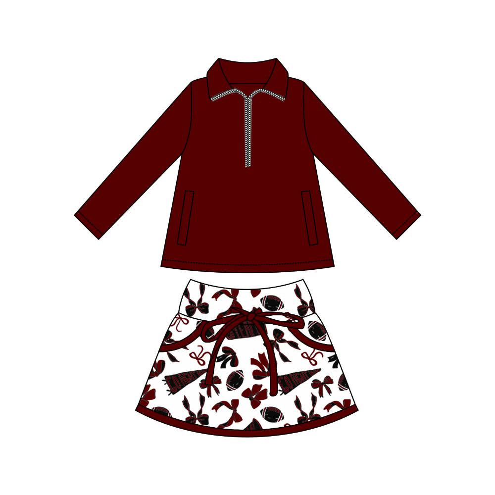 MOQ 8 preorder GLD1323 Go Team Rugby Bows Dark Red Zipper Collar Long Sleeve Skirts Girls Yoga Sets 202509
