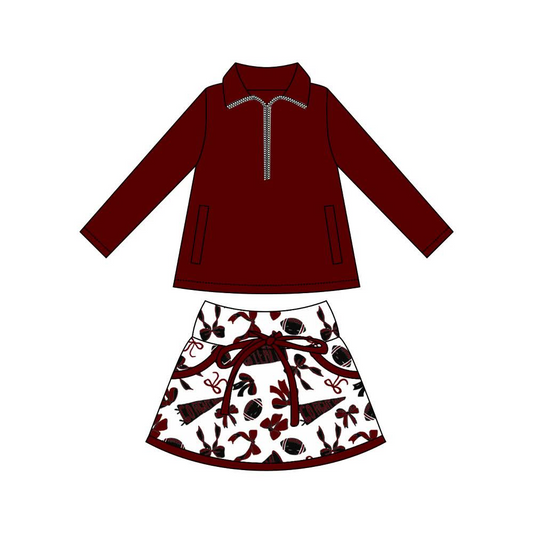 MOQ 8 preorder GLD1323 Go Team Rugby Bows Dark Red Zipper Collar Long Sleeve Skirts Girls Yoga Sets 202509