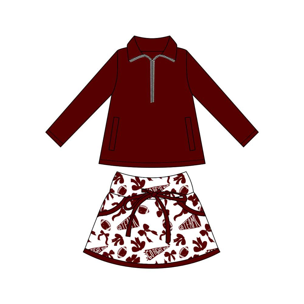 MOQ 8 preorder GLD1324 Go Team Rugby Bows Dark Red Zipper Collar Long Sleeve Skirts Girls Yoga Sets 202509