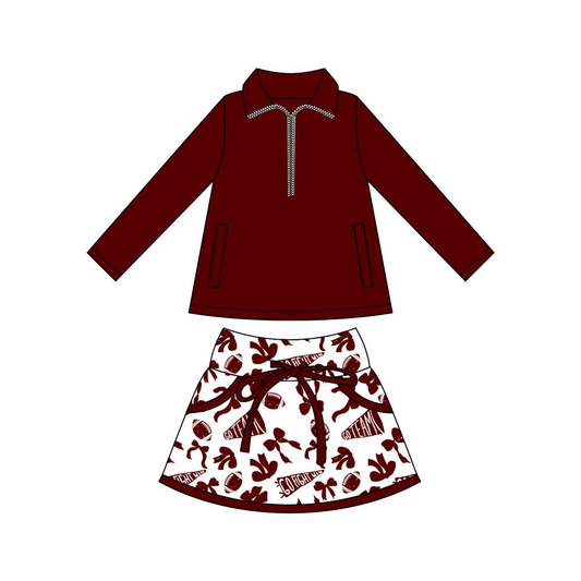 MOQ 8 preorder GLD1324 Go Team Rugby Bows Dark Red Zipper Collar Long Sleeve Skirts Girls Yoga Sets 202509