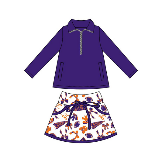 MOQ 8 preorder GLD1326 Go Team Rugby Bows Dark Purple Zipper Collar Long Sleeve Skirts Girls Yoga Sets 202509