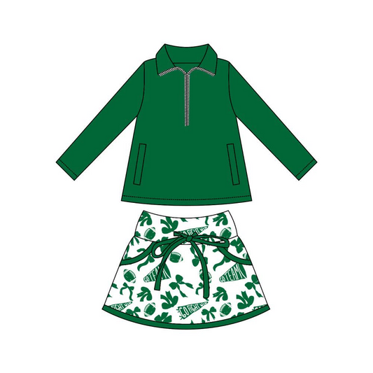 MOQ 8 preorder GLD1327 Go Team Rugby Bows Dark Green Zipper Collar Long Sleeve Skirts Girls Yoga Sets 202509