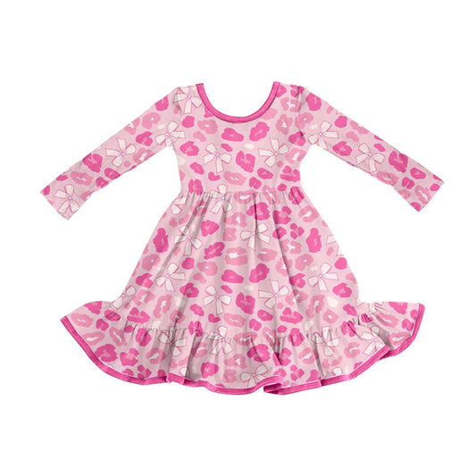 MOQ 8 Preorder GLD1328 Valentine's Day Leopard Bows Pink Long Sleeve Dresses for Girls  202509