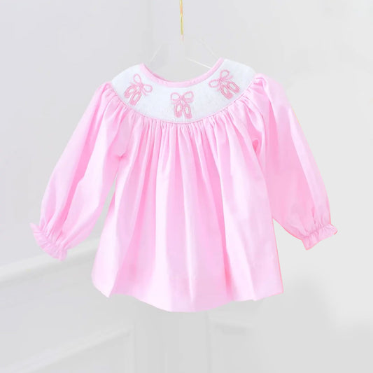 MOQ 8 Preorder GLD1330 Valentine's Day Bows Ballet Shoes Pink Long Sleeve Dresses for Girls  202509