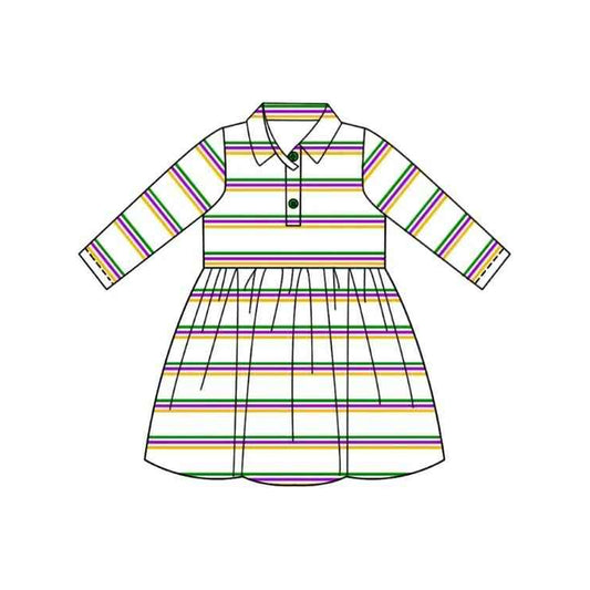MOQ 8 Preorder GLD1331 Mardi Gras Stripe Polo Long Sleeve Dresses for Girls  202509