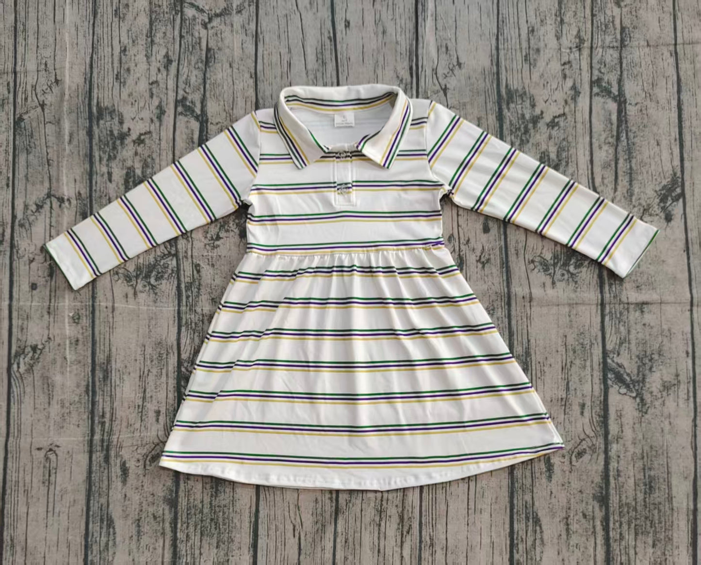 NO MOQ Preorder GLD1331 Mardi Gras Stripe Polo Long Sleeve Dresses for Girls  202510