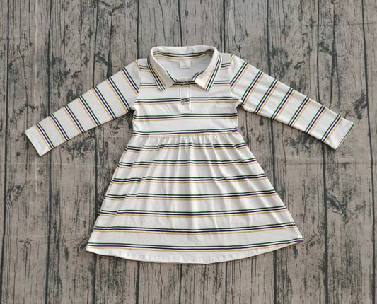 NO MOQ Preorder GLD1331 Mardi Gras Stripe Polo Long Sleeve Dresses for Girls  202510