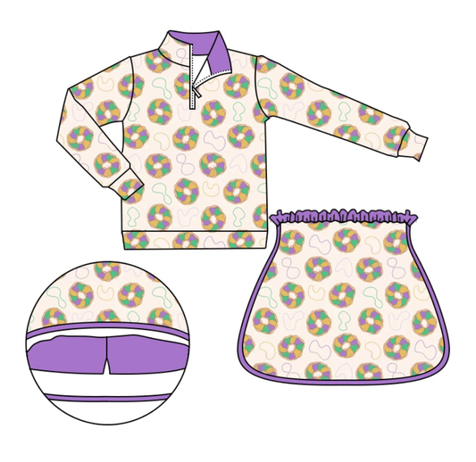 MOQ 8 preorder GLD1332 Mardi Gras Purple Zipper Collar Long Sleeve Skirts Girls Sets 202509