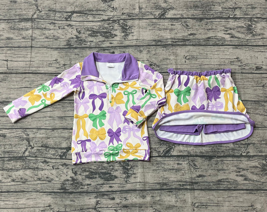 NO MOQ preorder GLD1333 Bows Pattern Mardi Gras Purple Zipper Collar Long Sleeve Skirts Girls Sets 202510