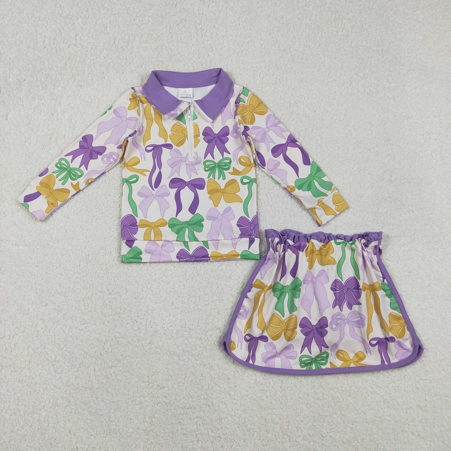 GLD1333 Bows Pattern Mardi Gras Purple Zipper Collar Long Sleeve Skirts Girls Sets 202511 RTS