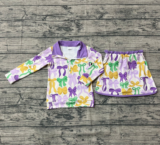 NO MOQ preorder GLD1333 Bows Pattern Mardi Gras Purple Zipper Collar Long Sleeve Skirts Girls Sets 202510