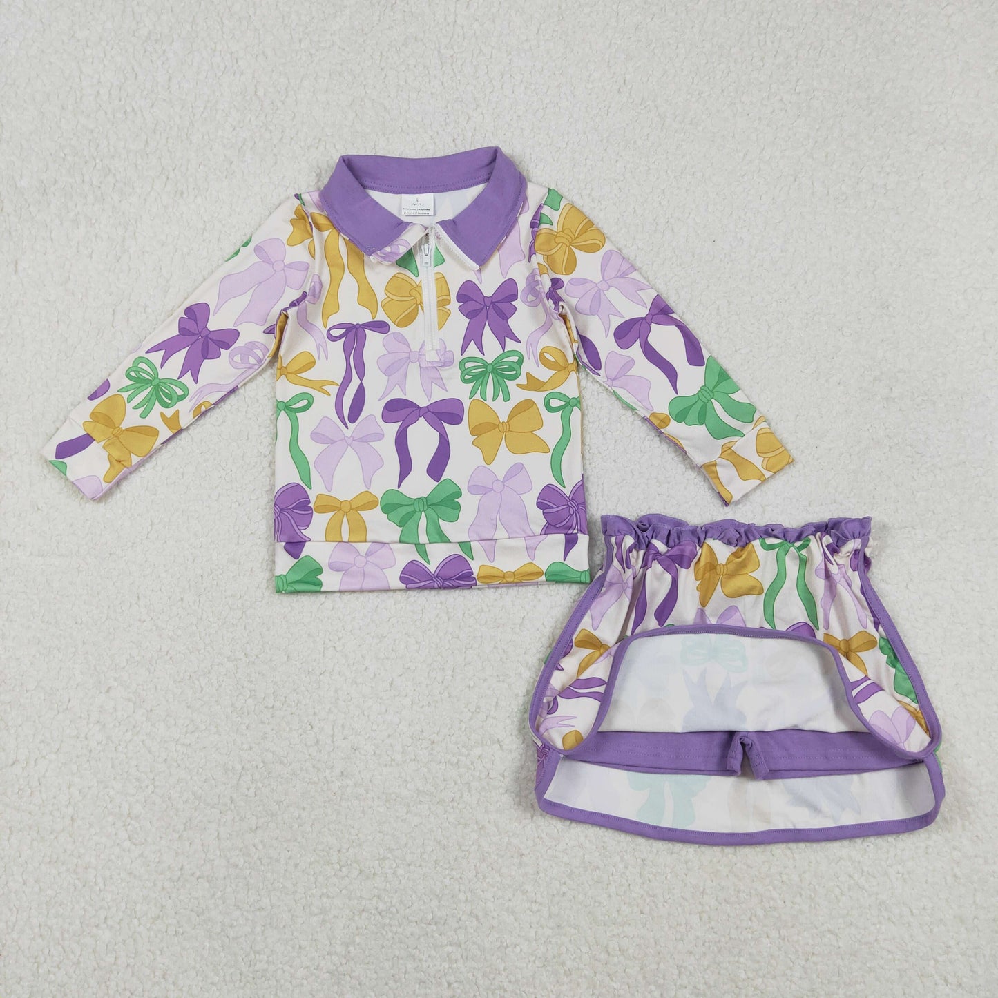 GLD1333 Bows Pattern Mardi Gras Purple Zipper Collar Long Sleeve Skirts Girls Sets 202511 RTS