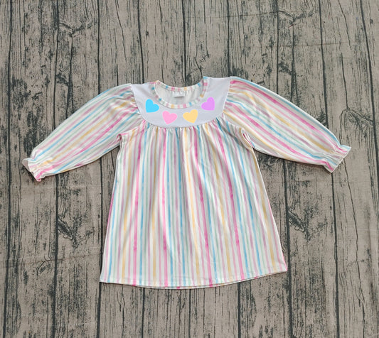 NO MOQ Preorder GLD1335 Embroidered Valentine's Day Love Colored Stripe Long Sleeve Dresses for Girls  202510